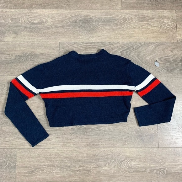 Bluenotes Women's Sweater Top Knit Cropped Stripe Long sleeve Navy Blue Medium - Picture 9 of 11